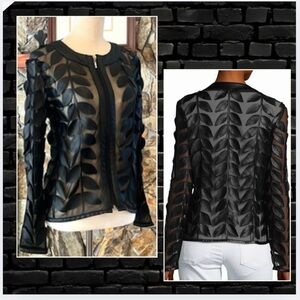 NWT,Gaby & Eden,Vegan- Leather Collect, Leaf-Trimmed Sheer,Organza Jacket,Size S